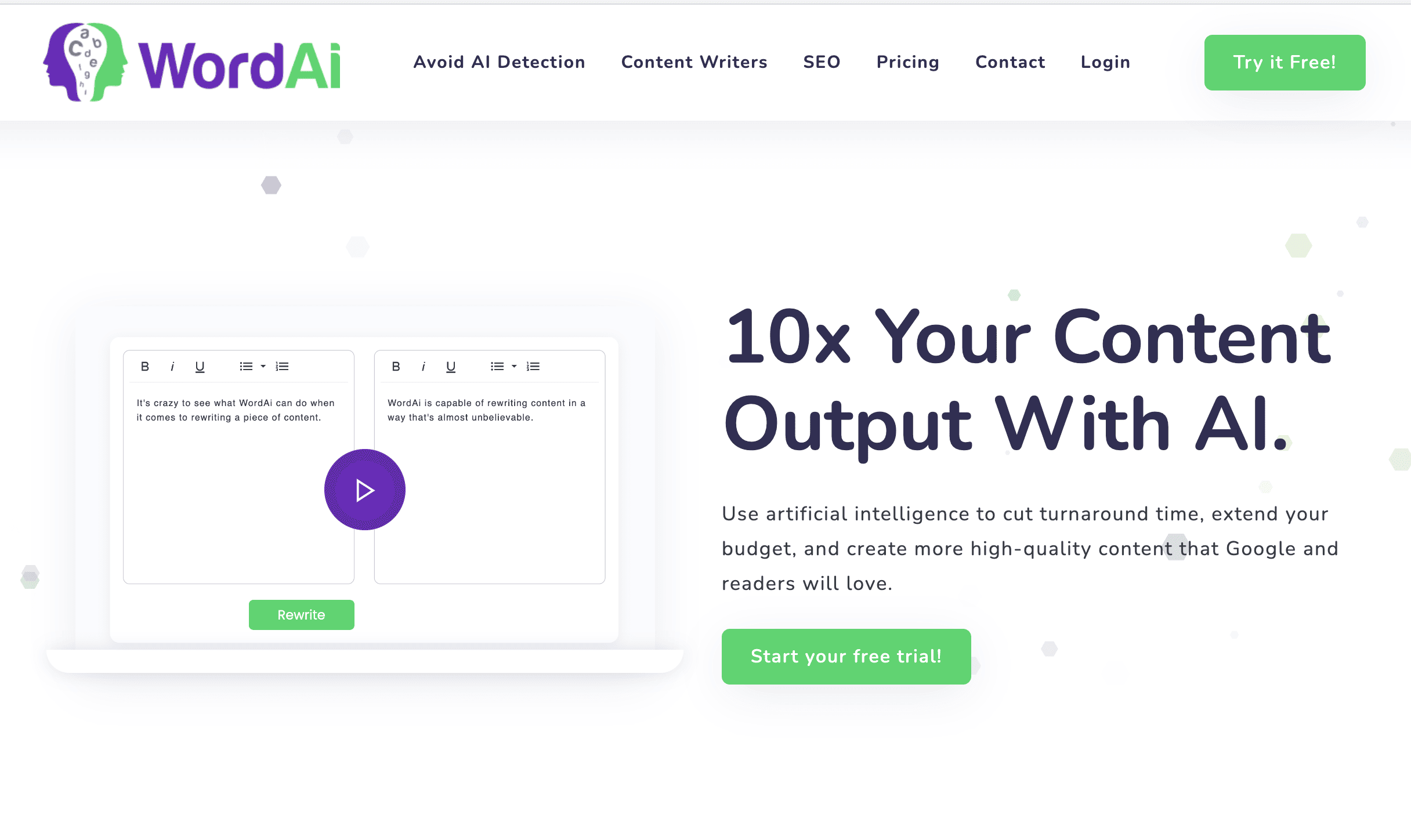 Ai text rewriter tool WordAI's homepage