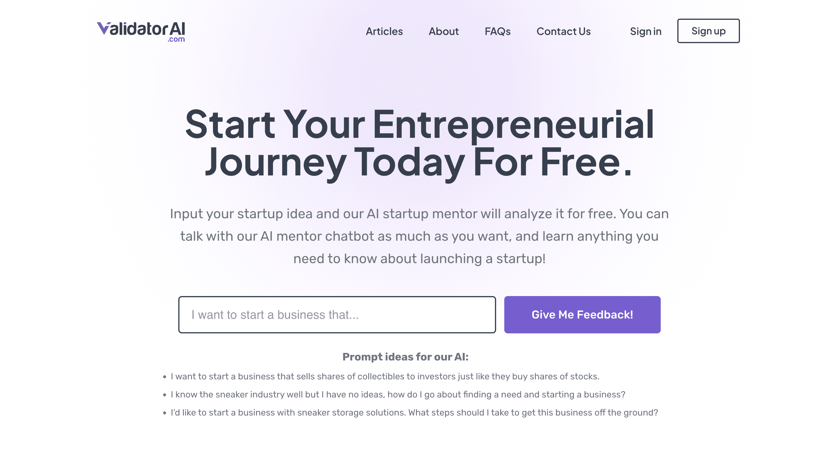 startup idea validator homepage