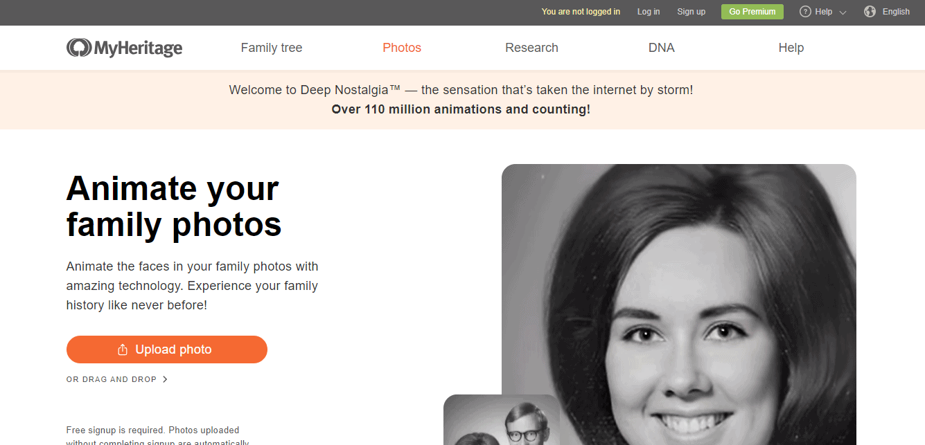 Photo to live photo AI Tool, Deep Nostalgia