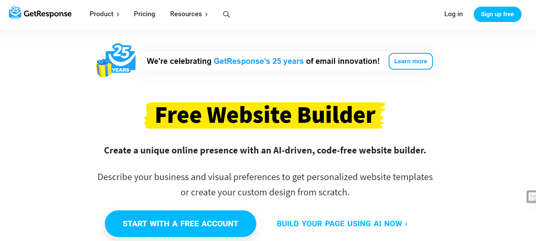 GetResponse Website builder creates customized websites.
