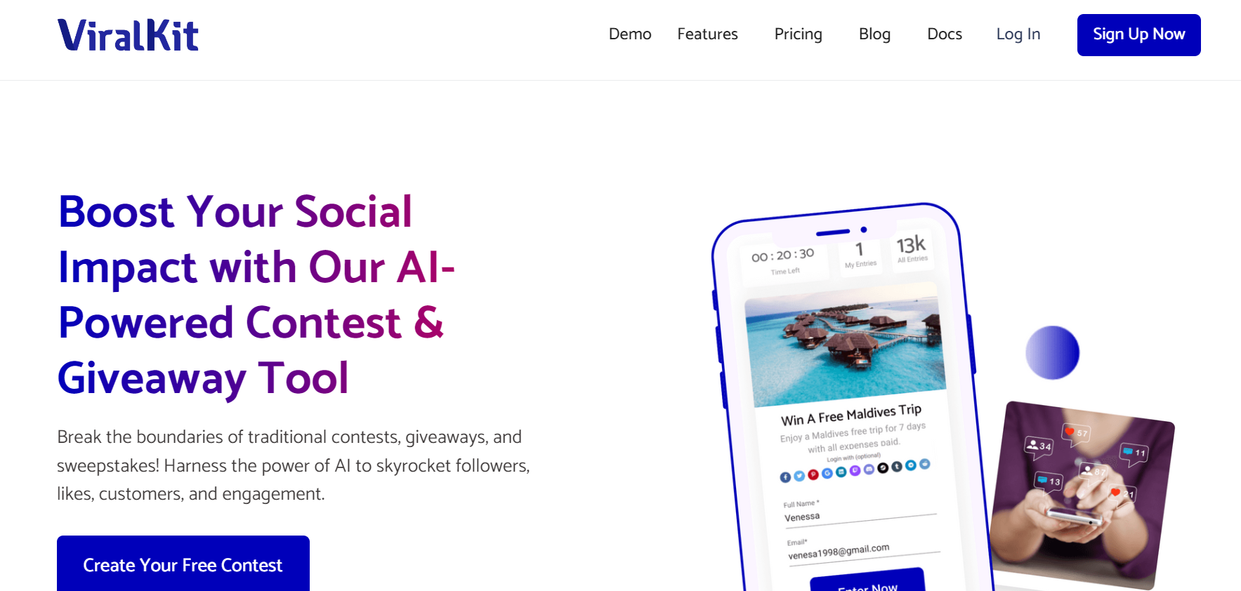 ViralKit is an AI tool that creates social media contests to increase followers, likes, customers, and engagement.