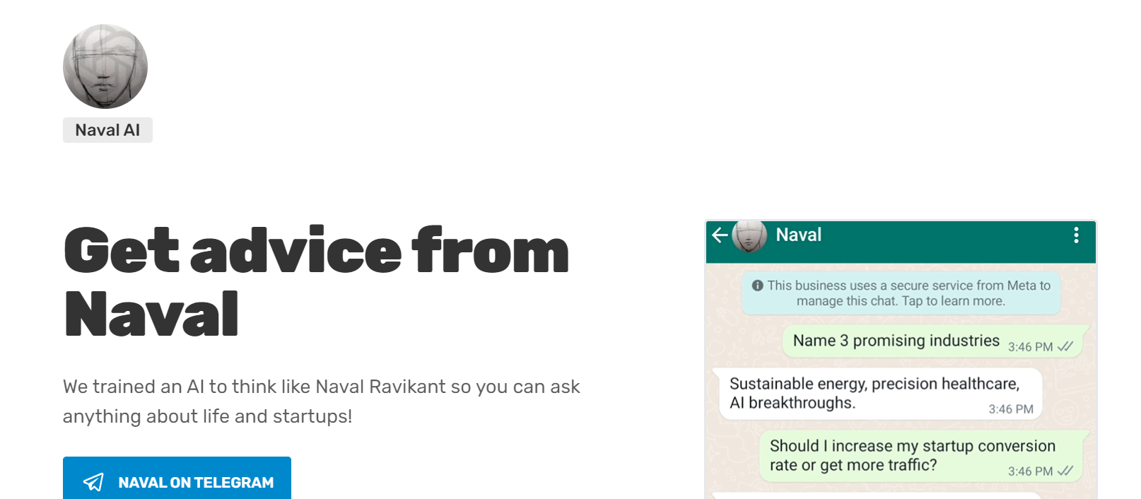 Naval AI i a tool that gives insights on life and startups.