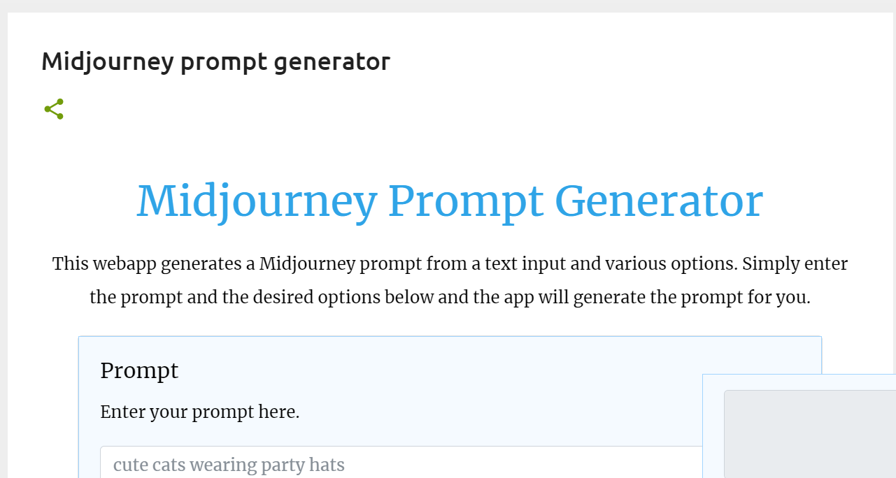 Midjourney Prompt Generator is a web app, that translates text inputs and various options into unique prompts.