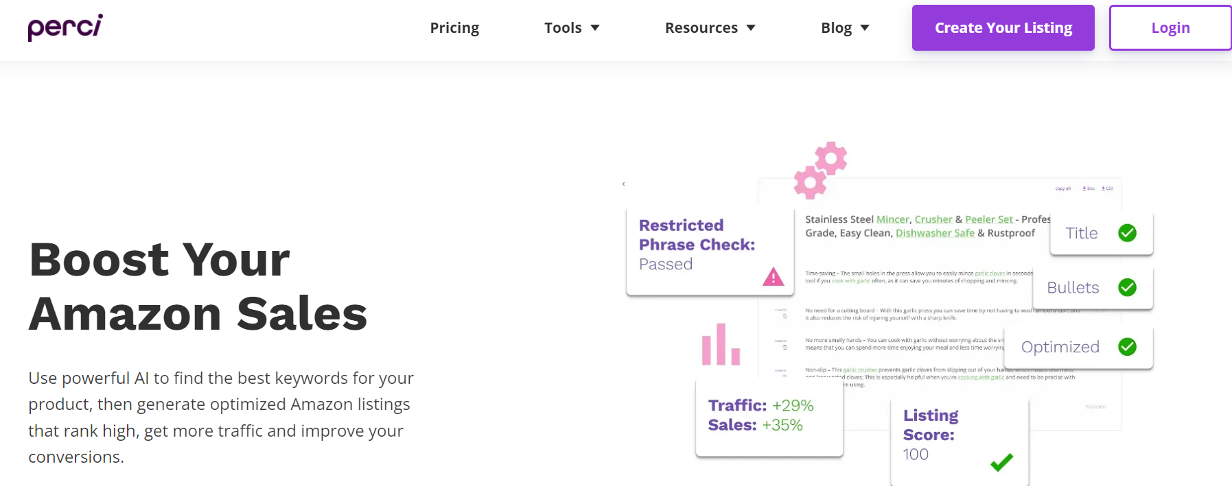 Perci is an AI that generates optimal keywords for your products and crafts traffic-driving Amazon listings for enhanced SEO and sales.