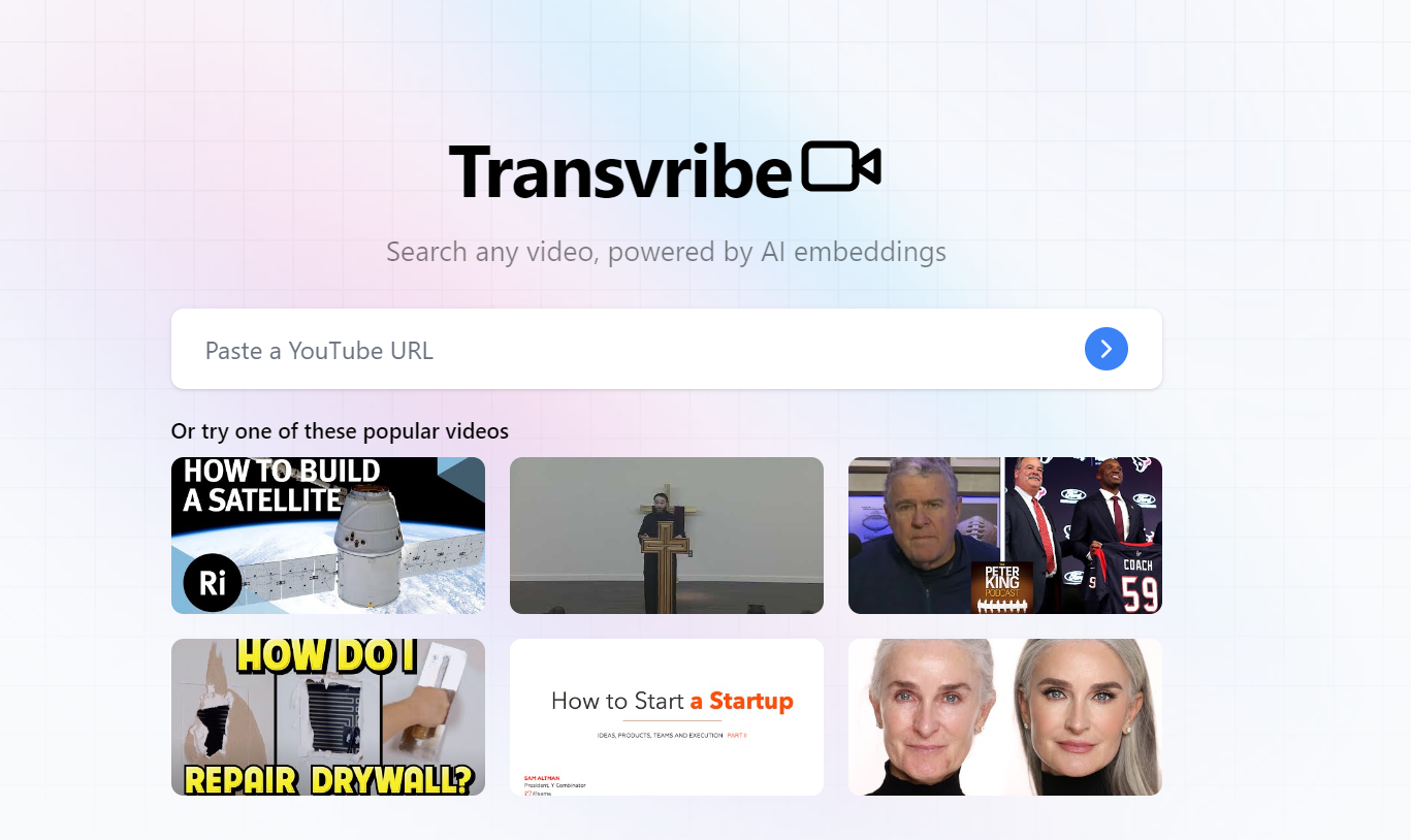 Transvribe is an AI tool that enables natural language YouTube video searches.