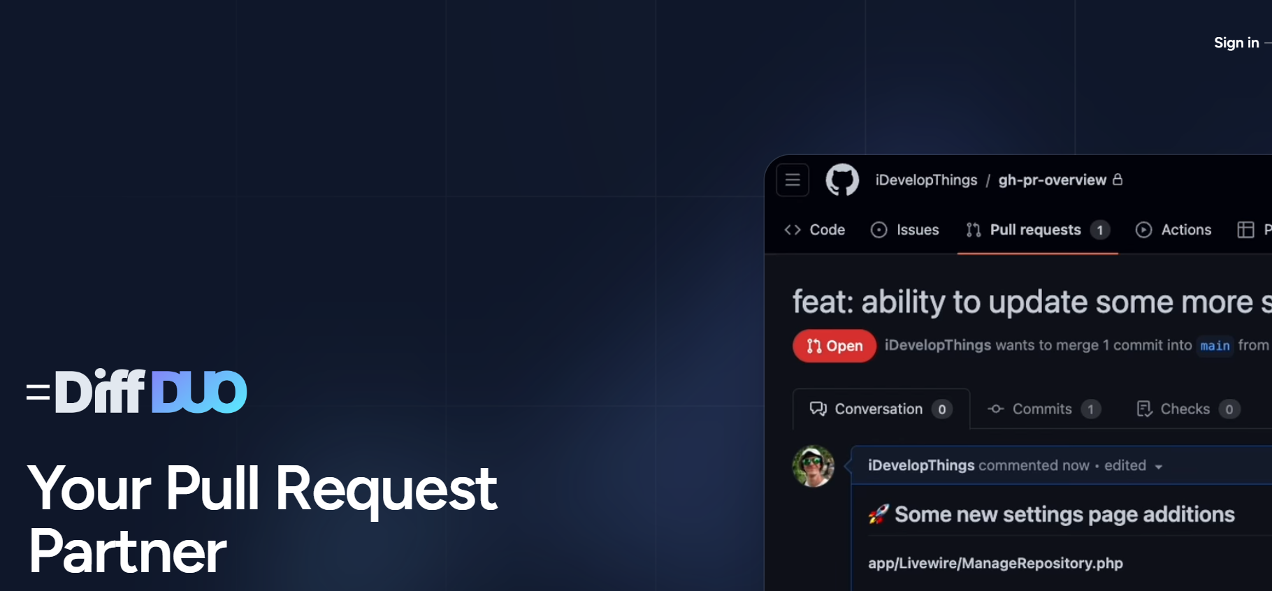 DiffDuo is an AI that provides code reviews.