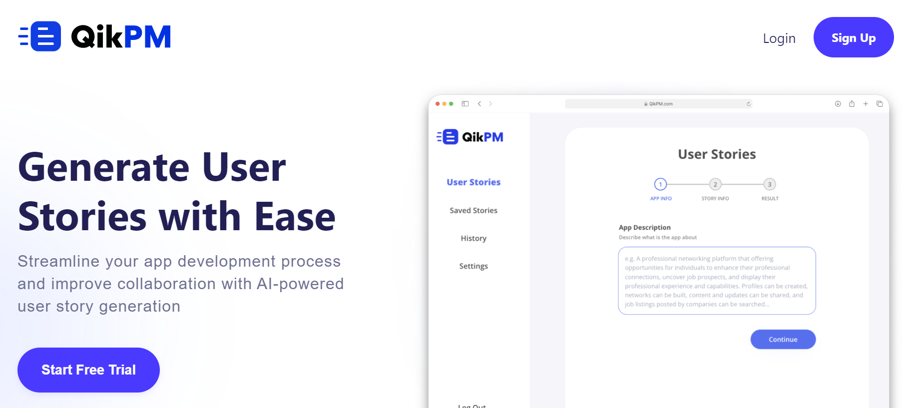 QikPM is an AI tool that creates automated user stories for app development.