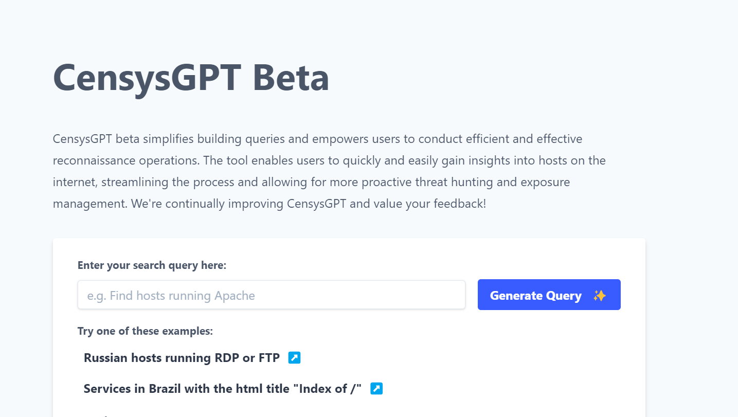CensysGPT Beta is an AI tool for query building.