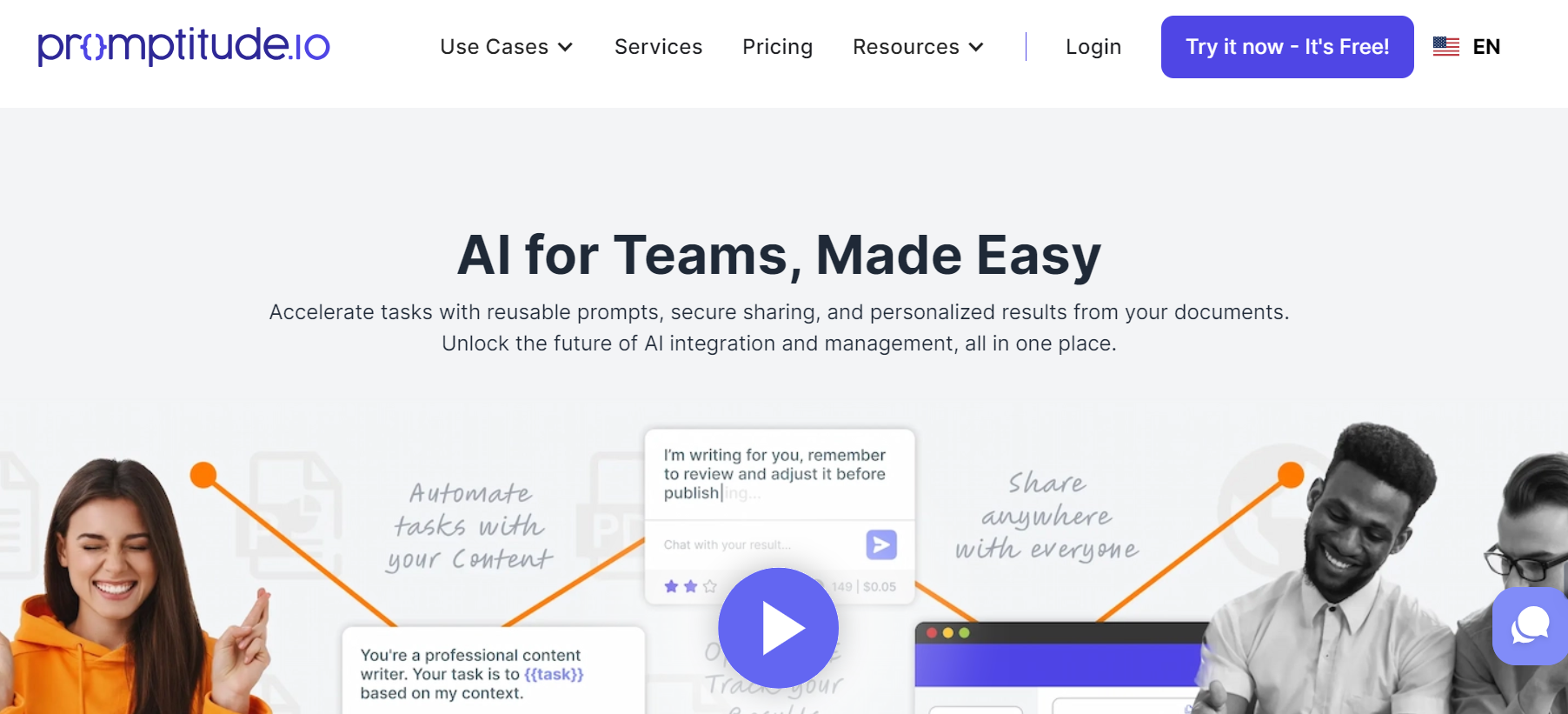 Promptitude.io is an AI assistant that simplifies team tasks with reusable prompts and customized documents.