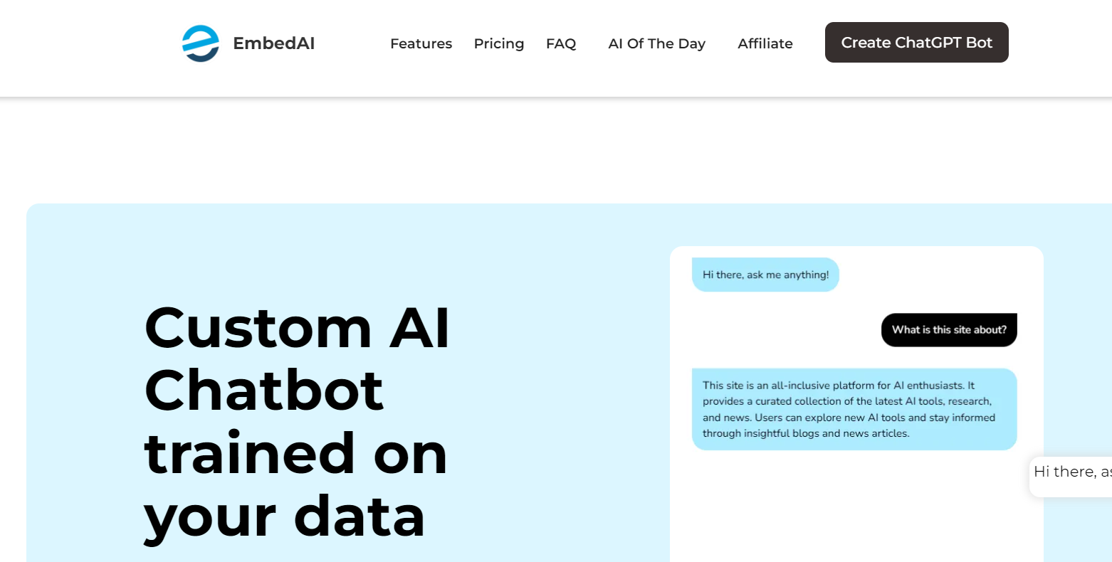 EmbedAI is an AI customized chatbot creator powered by ChatGPT.