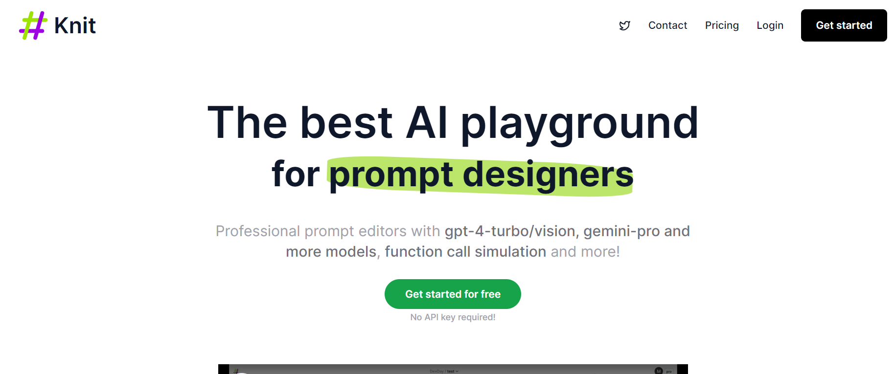 Knit is an AI platform that offers prompt designing and editing solutions with models like GPT-4-turbo/vision, Gemini-pro, and more.