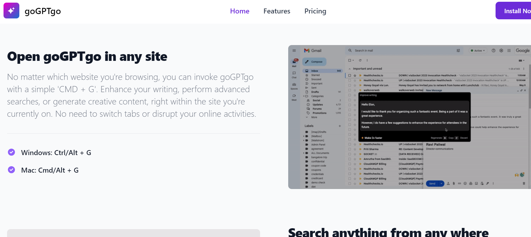 goGPTgo is a Chrome extension assistant that enhances writing on any website utilizing ChatGPT.