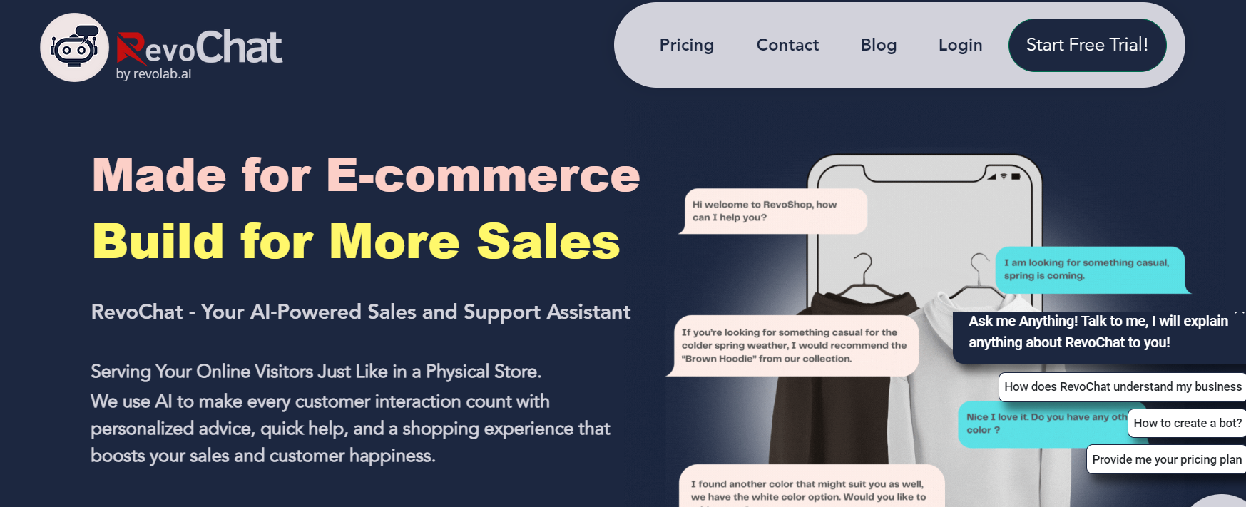 RevoChat is an AI-powered assistant designed specifically for e-commerce customer support.