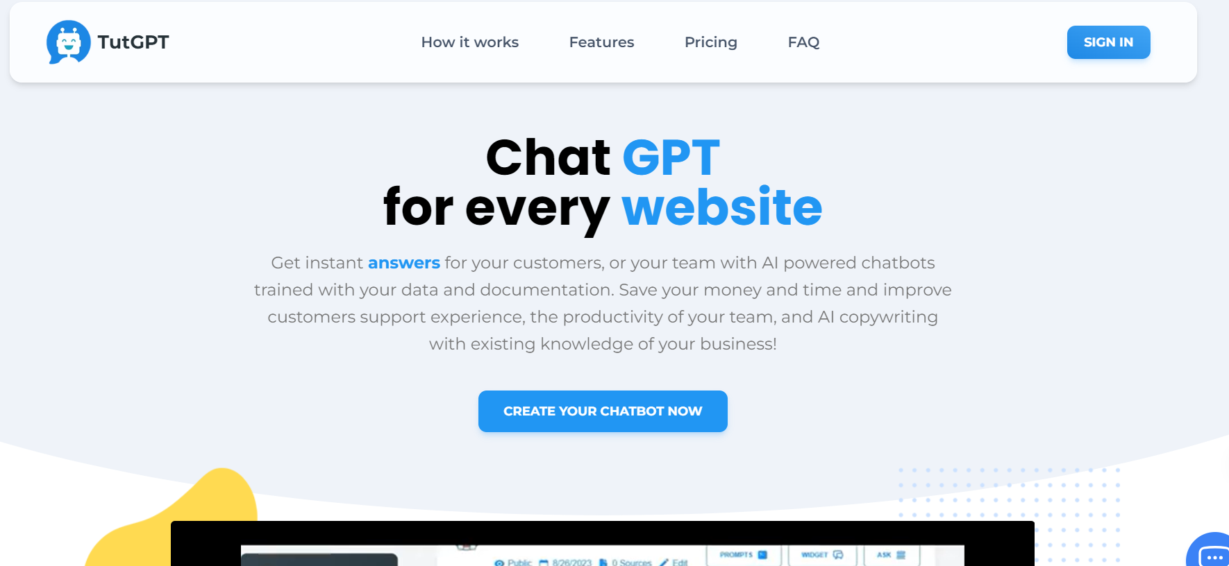 TutGPT is a ChatGPT website chatbot creator designed for customer support.