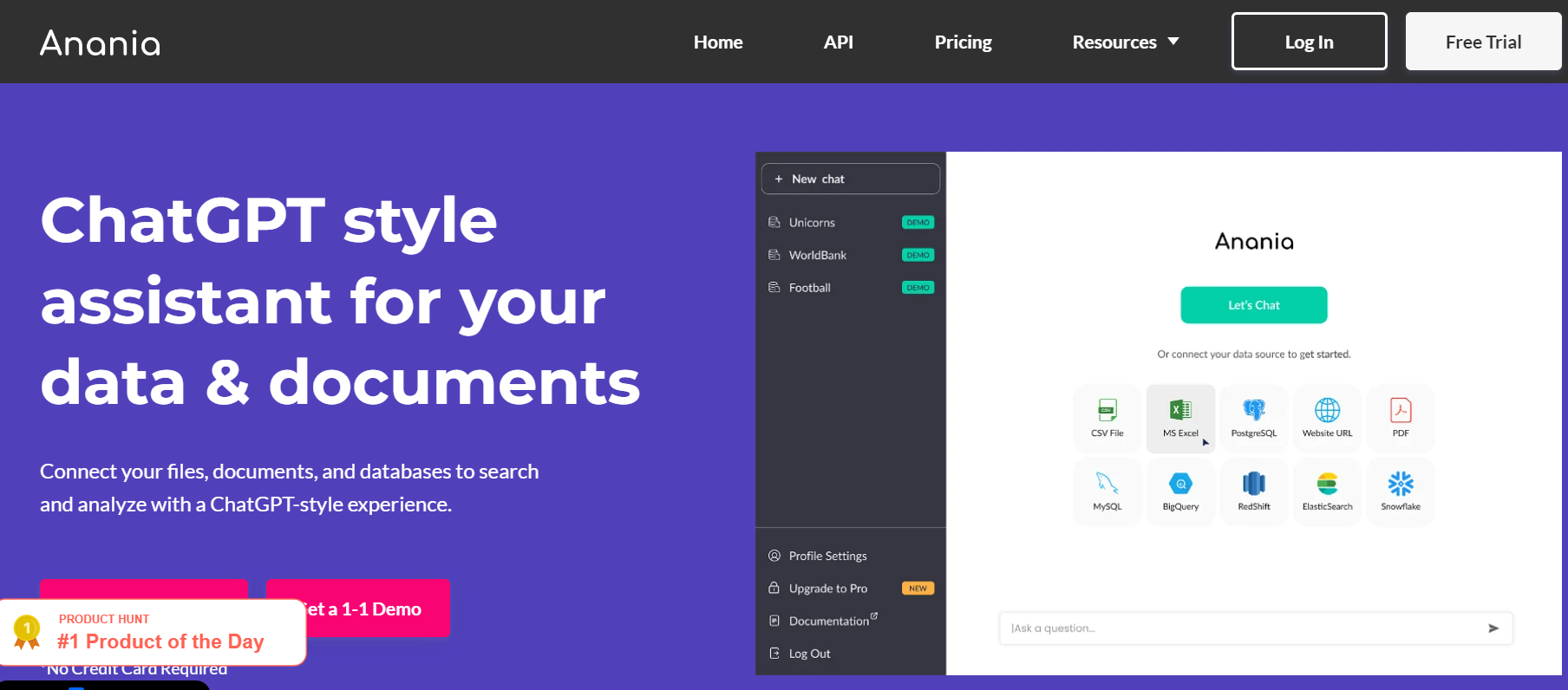 Anania is an AI for data analysis that offers a ChatGPT-style assistant to let you interact with your data and documents.
