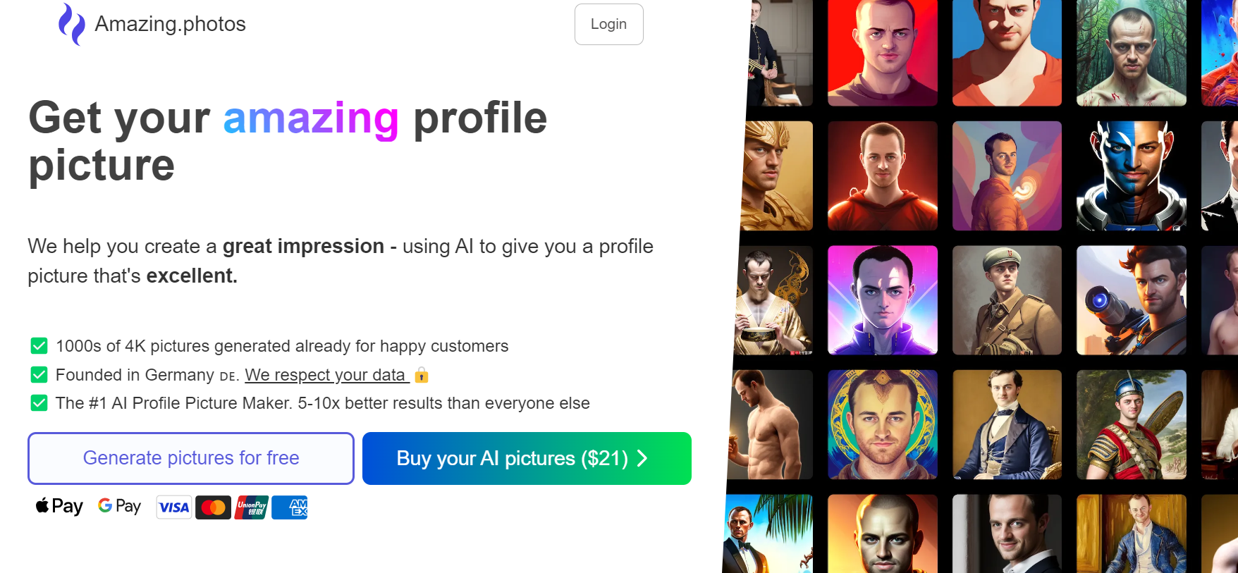 Amazing.photos is a tool that utilizes AI technology to generate high-quality profile pictures and magic avatars.
