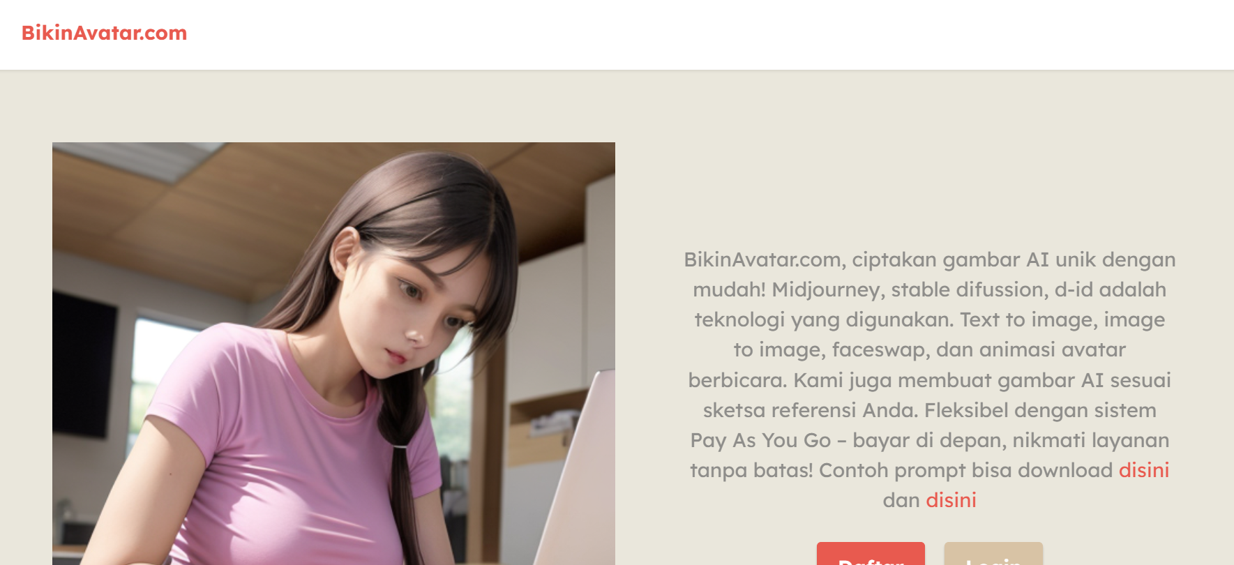 BikinAvatar is an AI technology that produces custom profile pictures or avatars.
