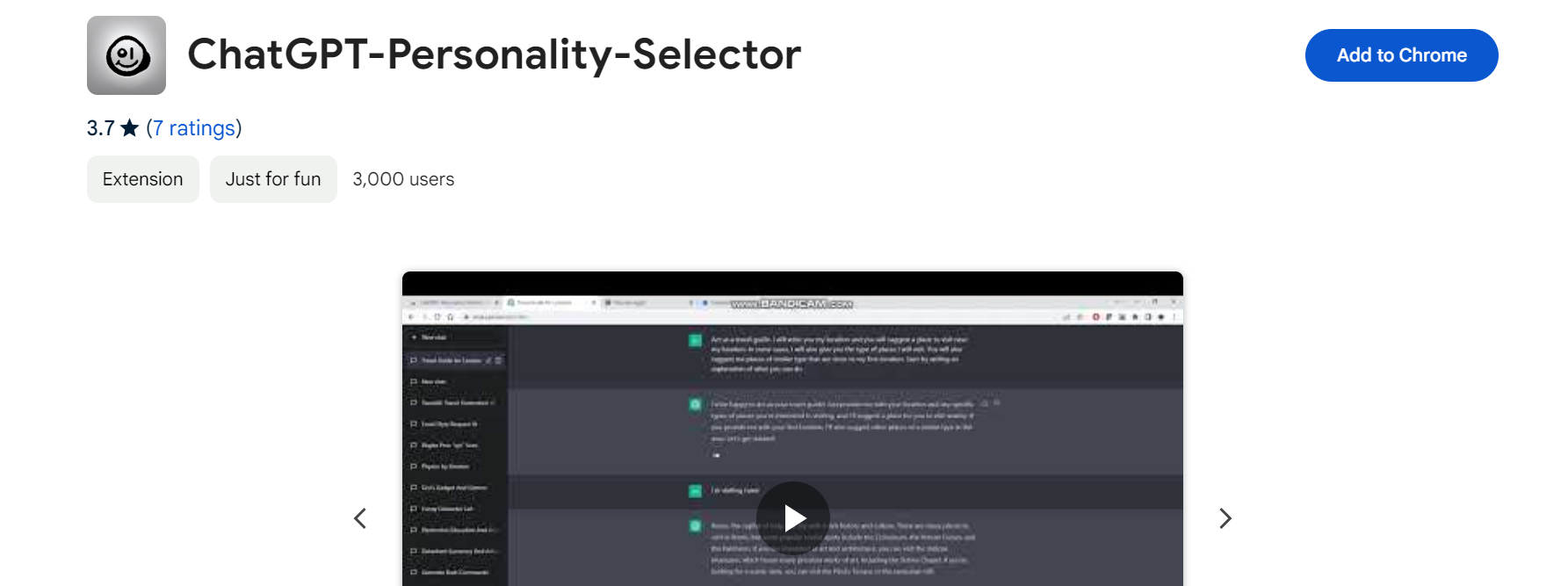 ChatGPT-Personality-Selector is a Google Chrome extension for chatbot customization.