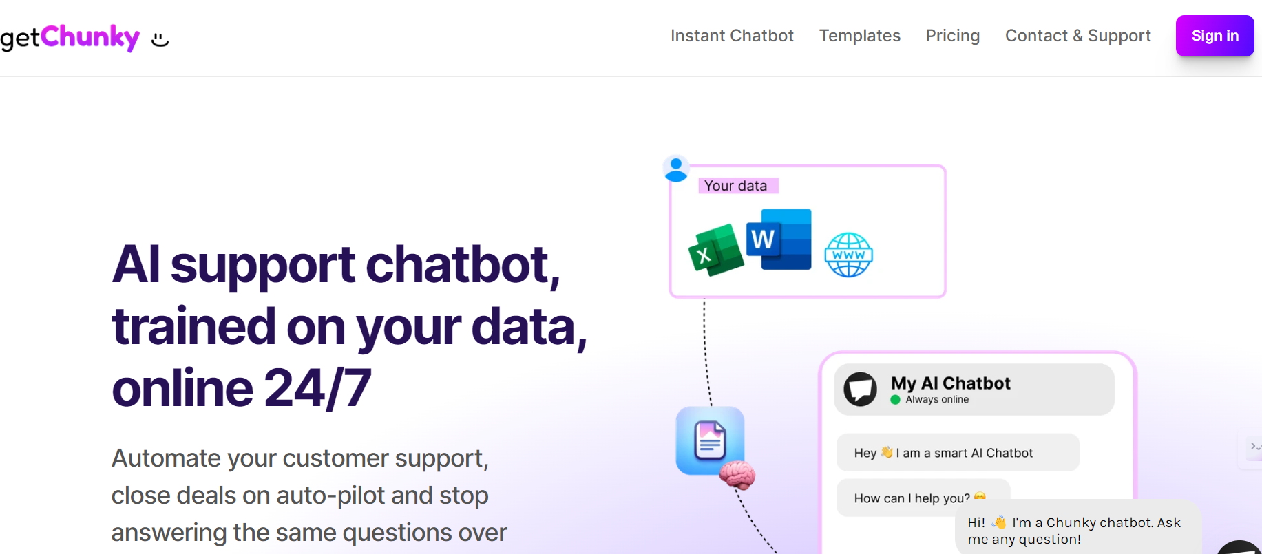 Chunky is a platform offering AI support chatbot trained on your data, available online 24/7.