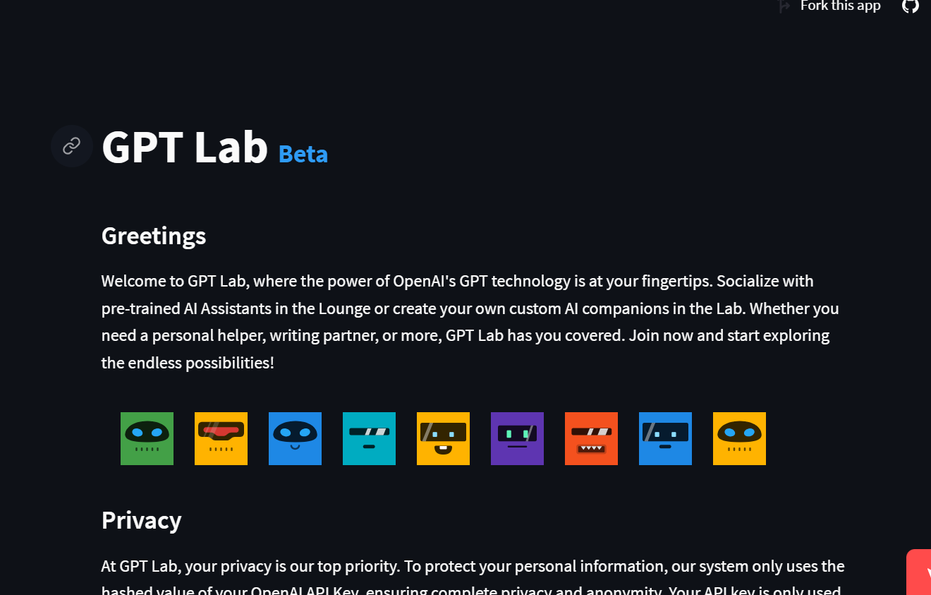 GPT Lab provides access to OpenAI's GPT technology, allowing you to interact with pre-trained AI Assistants or create custom AI companions.
