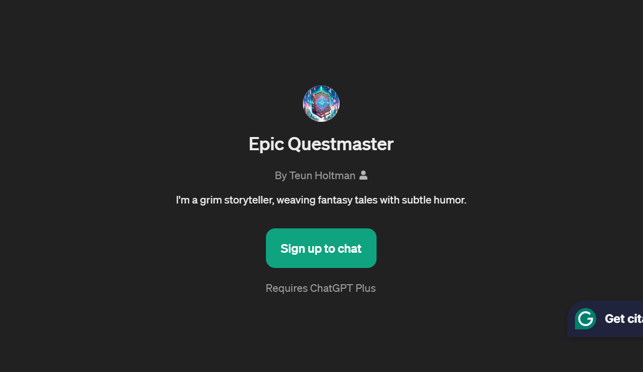 Epic Questmaster crafts fantasy narratives with subtle humor and grim undertones.